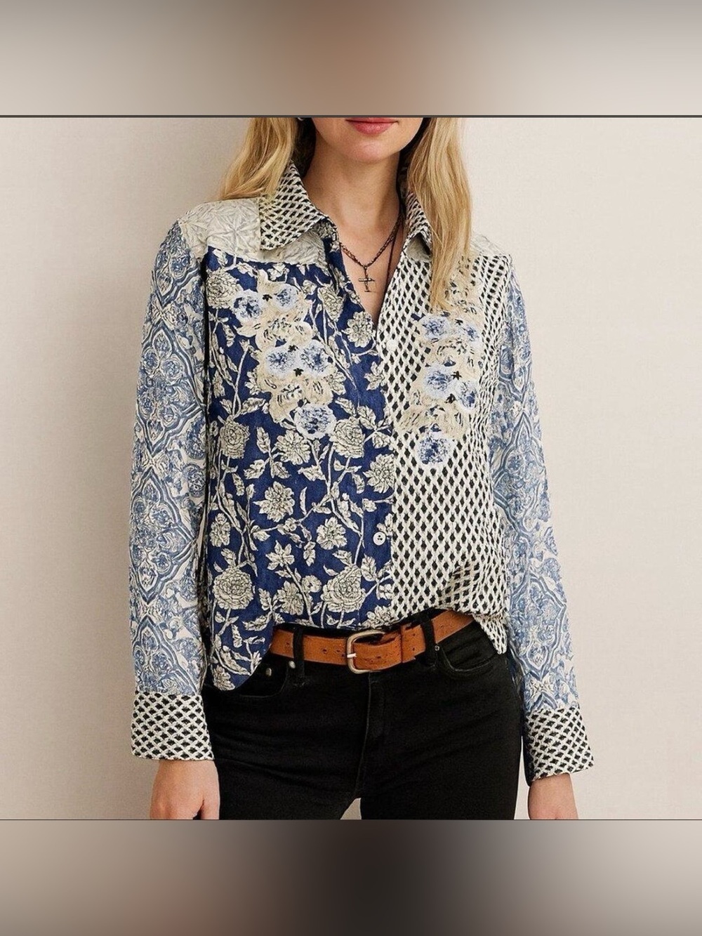 Soft Surroundings Capelle  Embroidered Patchwork Button Up